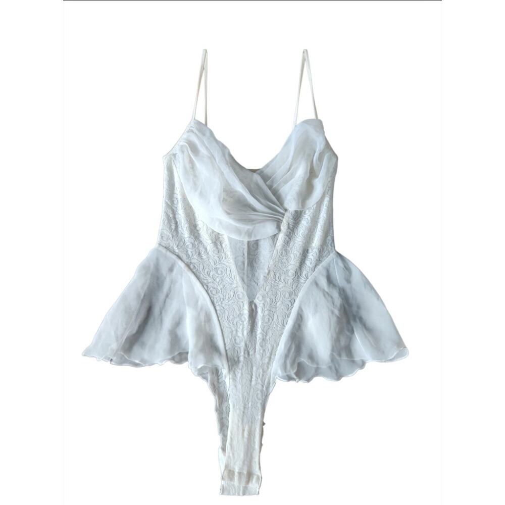 Victoria's Secret Gold Label Vtg 80s Off White Lace Teddy Thong Bodysuit Size S